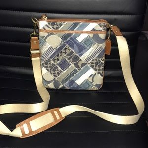 Coach crossbody beige brown denim blue patchwork